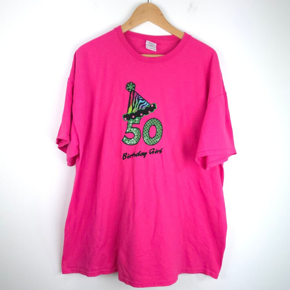 Gildan Pink Short Sleeve Crew Neck Tee Shirt 50 Birthday Girl Size 2XL Women's